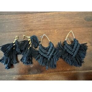 2 Pair Black Earrings Tassel & Macrame Types Women Pierced Ears